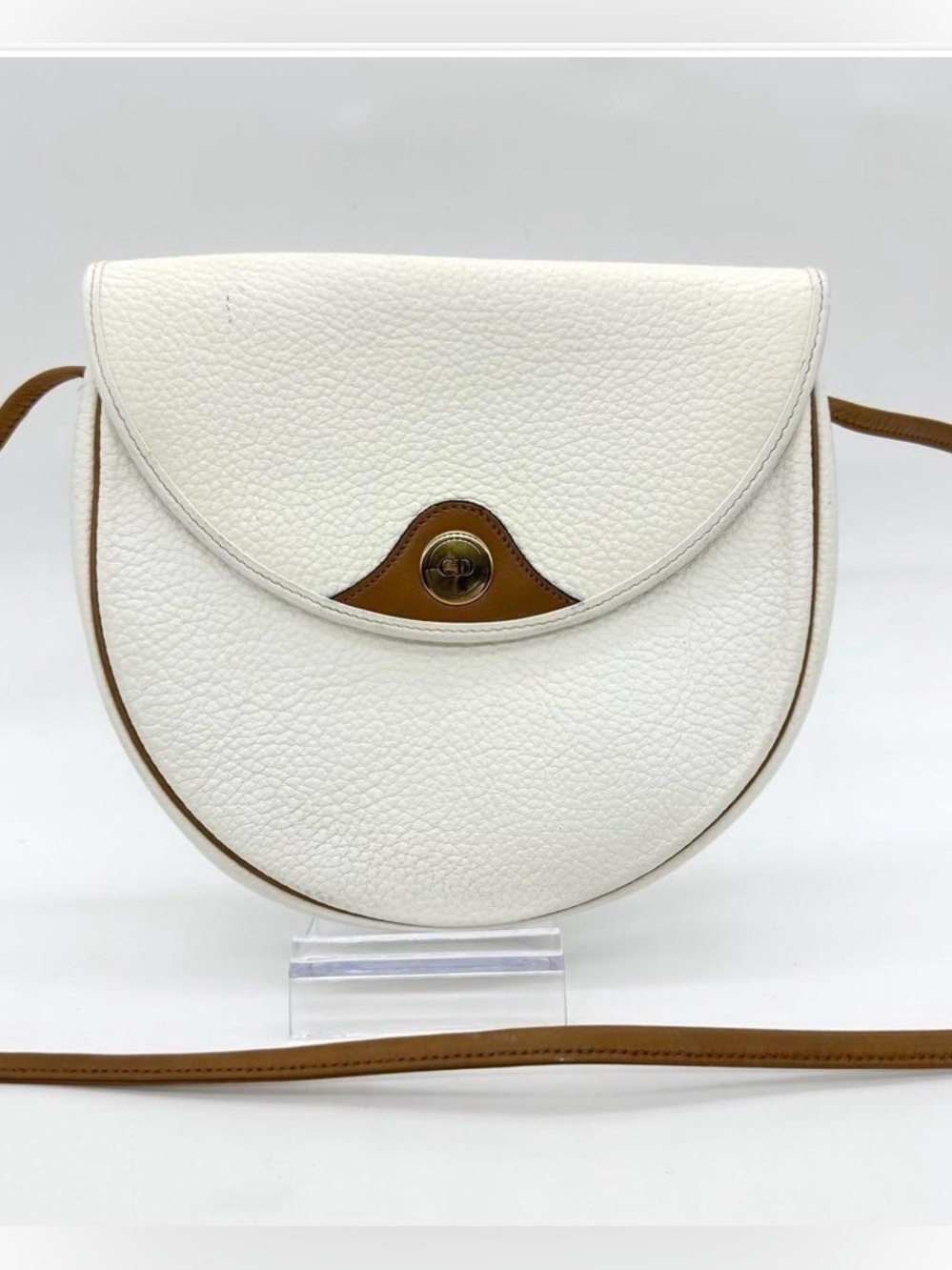 Vintage Christian Dior White and Tan Crossbody Saddle Bag